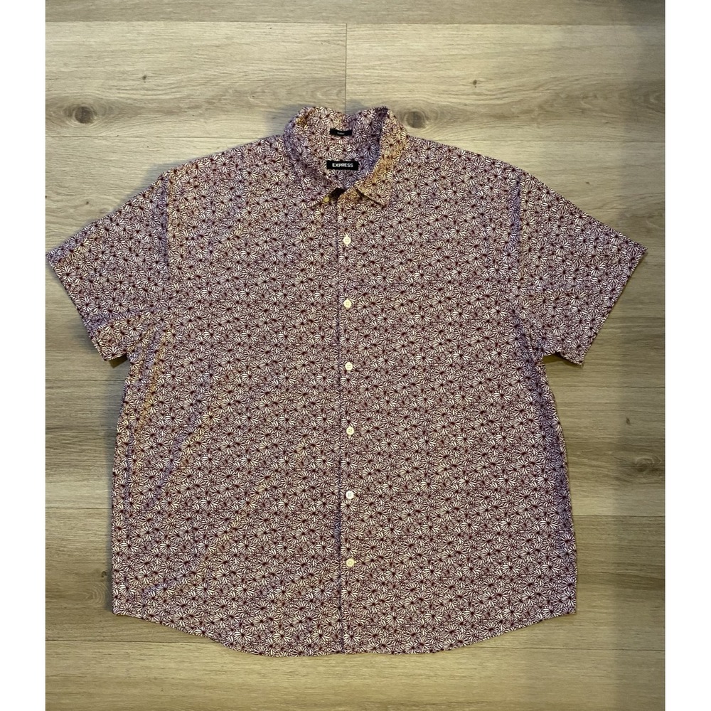Express Classic Mens Floral Short Sleeve Button Up Burgundy Cream Shirt L